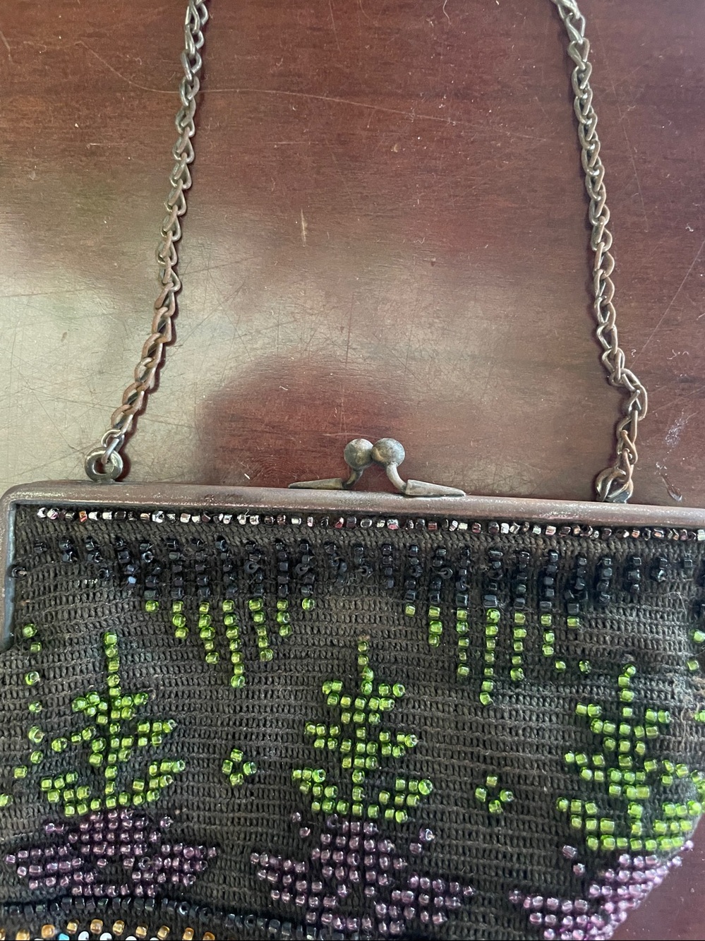 Vtg Beaded Black Evening Bag with Green & Purple geometric Accents. Art Deco - Picture 4 of 5